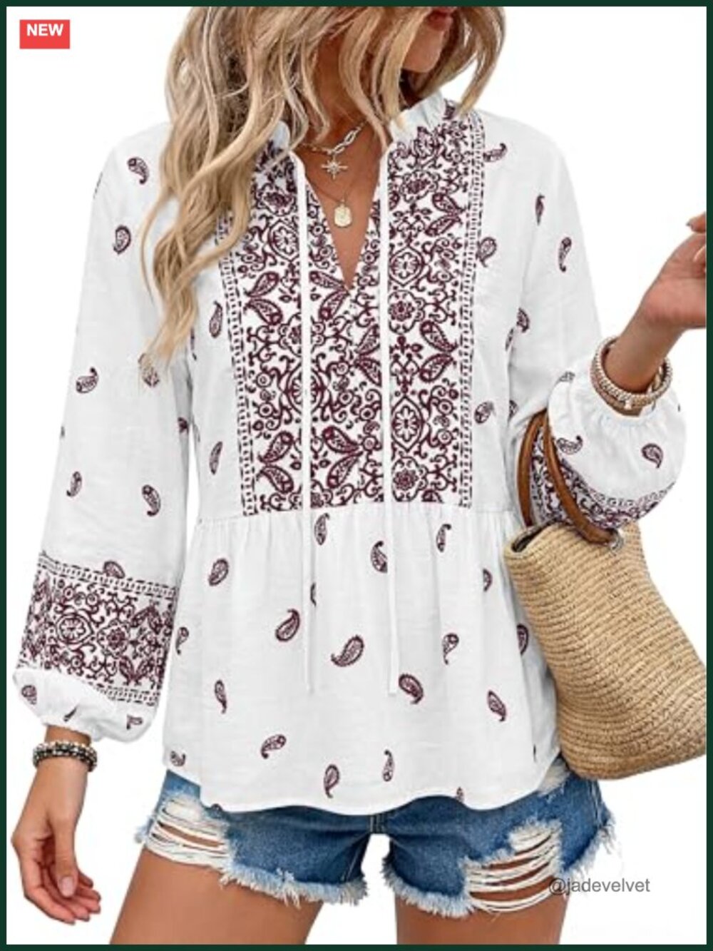 Boho Babydoll Top Women Floral V Neck Long Sleeve Blouse Peplum Tunic